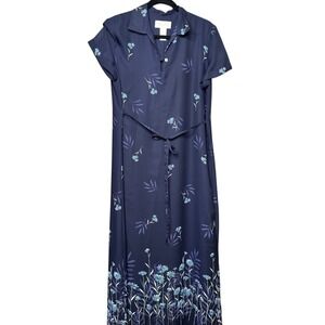 Vtg Y2K Navy Floral Print Dress Women's 12 Cottagecore Milkmaid Fairy Whimsical